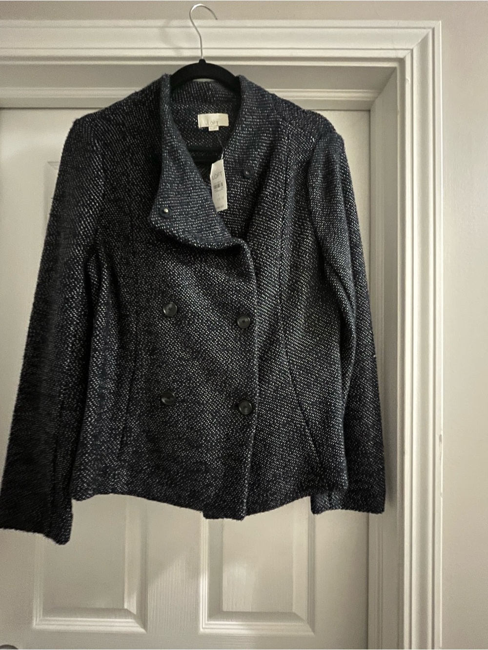 Loft - Women's Double-Breasted Navy Tweed Sweater Jacket